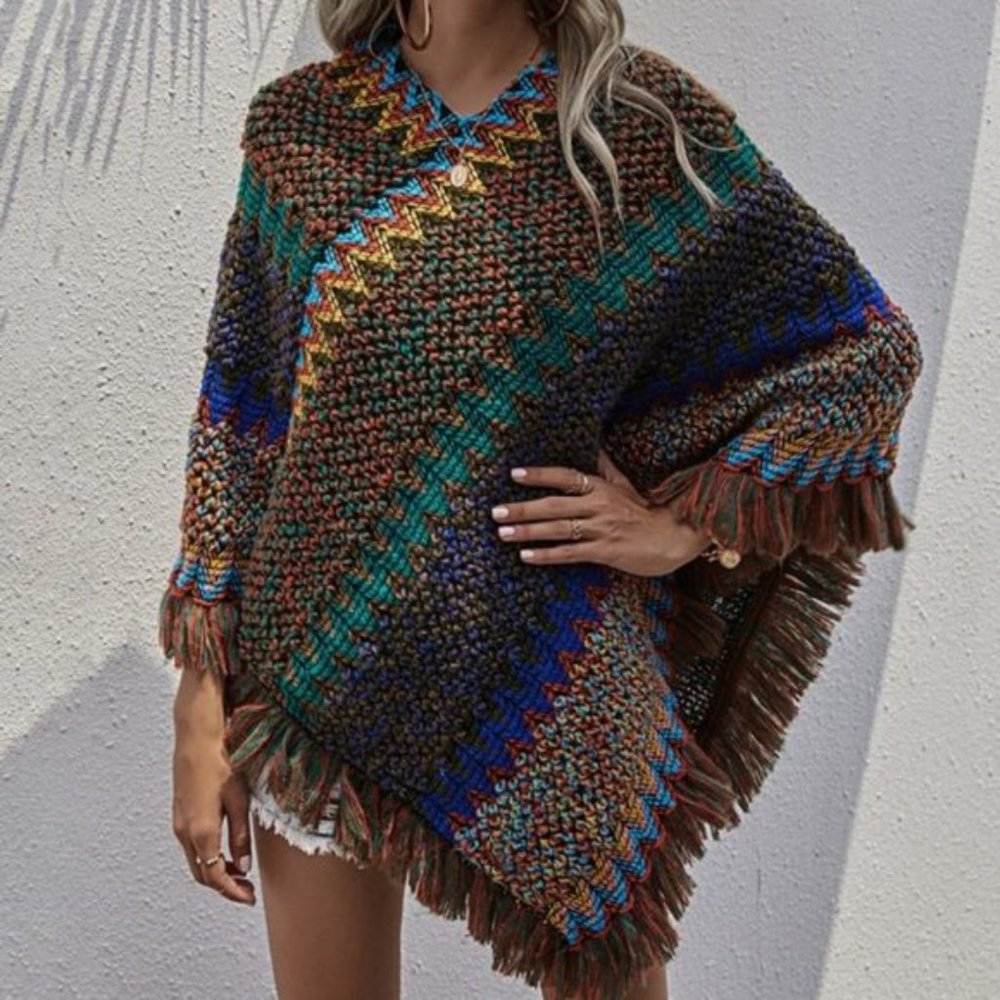 Knit Fringe Hem Poncho Sweater with Chevron Weave - Picture 7 of 7